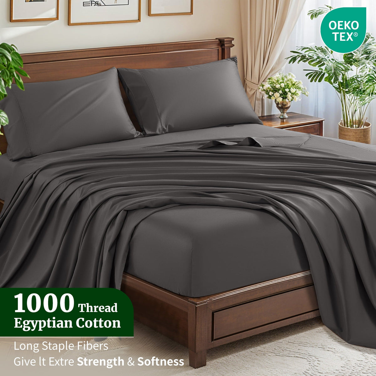 100% Cotton Bed Sheets Set, 1000 Thread Count 4 Piece Luxury Soft Sheets Set with 16" Deep Pocket, Queen, Dark Gray - Image 5