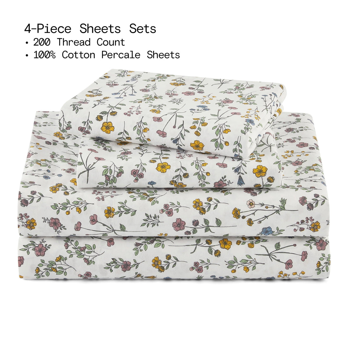 Beautiful Botanical 4-Piece 100% Cotton Washed Percale White Sheet Set, Queen by Drew Barrymore - Image 5