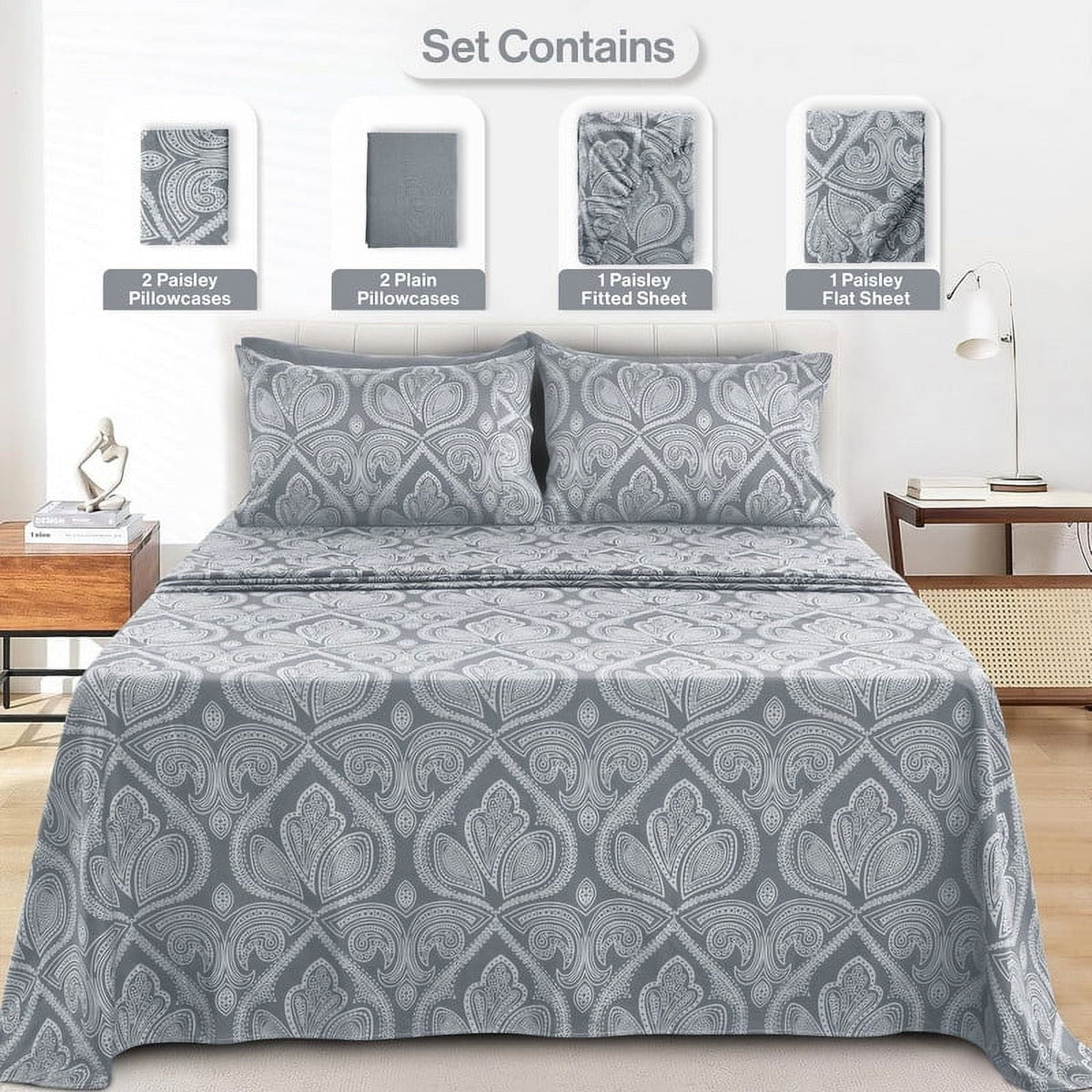 6-Piece Bed Sheet Set, Deep Pocket Queen Sheets Up to 16 Inch, 1 Flat Sheet , 1 Fitted Sheet & 4 Pillowcases (Queen, ... - Image 2