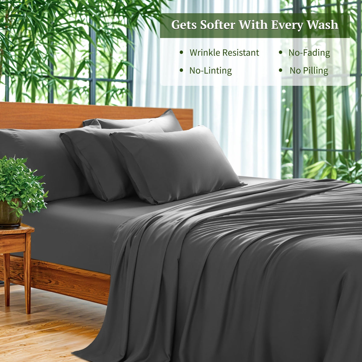 SONORO KATE 6 Pieces Bamboo Bed Sheets Set, Luxury Rayon Derived - Deep Pockets - Wrinkle Free - Extremely Soft, Queen, Dark Gray - Image 5