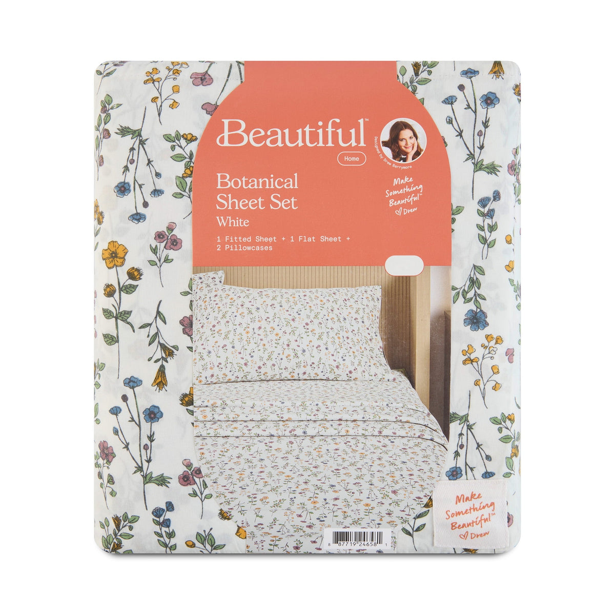 Beautiful Botanical 4-Piece 100% Cotton Washed Percale White Sheet Set, Queen by Drew Barrymore - Image 3