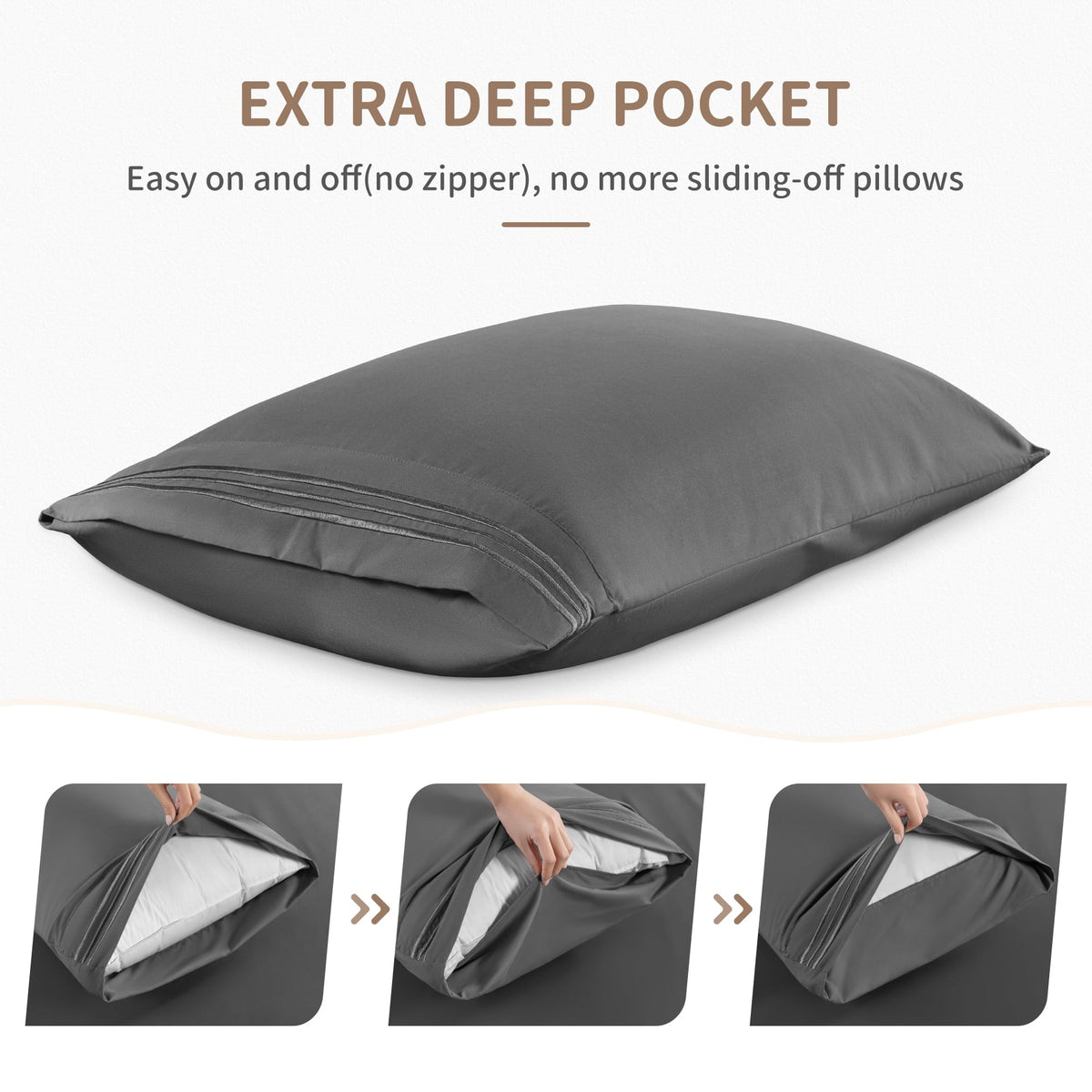 6 Pieces Bed Sheet Set, 1800 Series Soft Microfiber Queen Sheets with 16" Deep Pocket, Dark Gray - Image 2