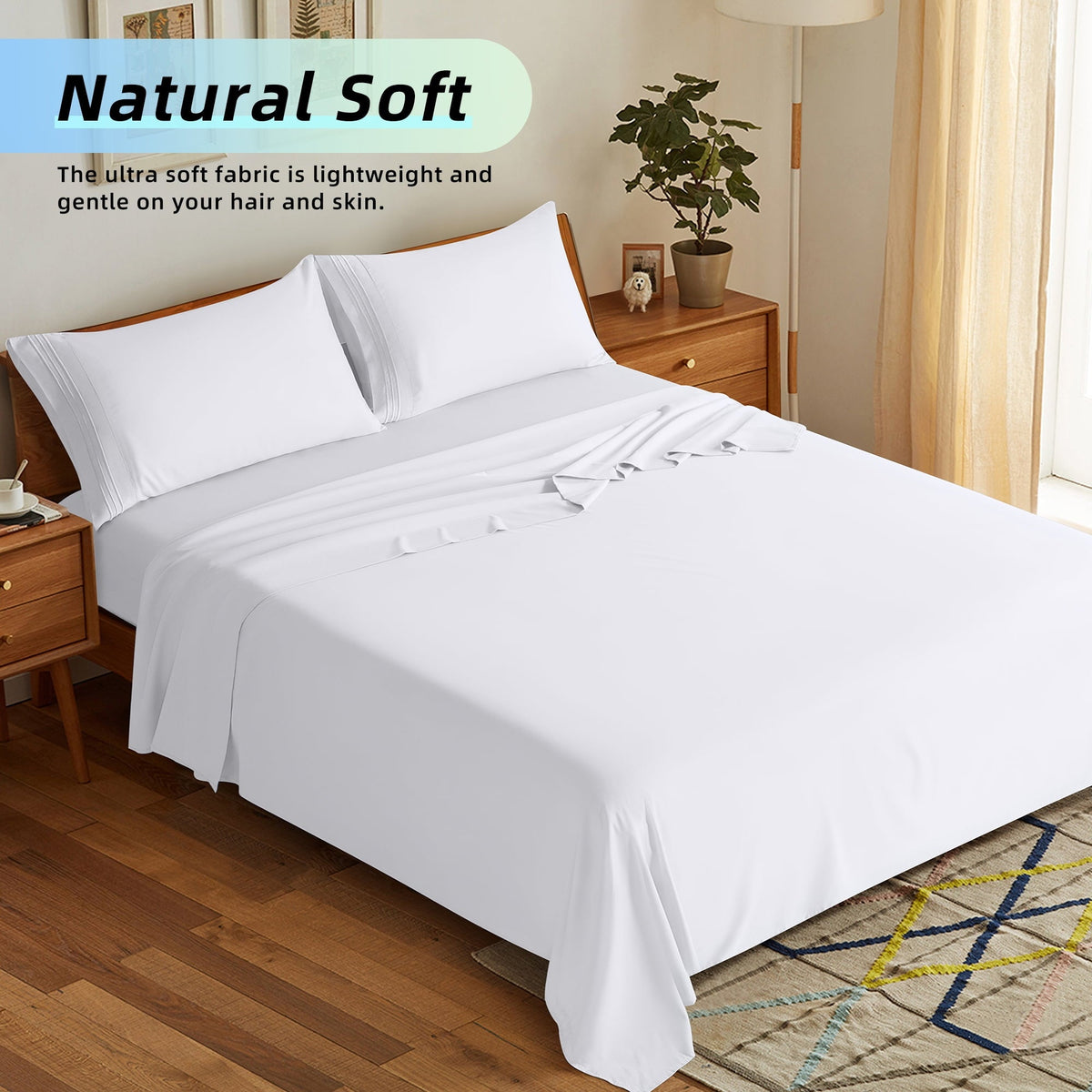SONORO KATE Bed Sheets Set, 1800 Series Microfiber Deep Pocket 4 Pieces Luxury Soft Sheet Set, Queen, White - Image 2